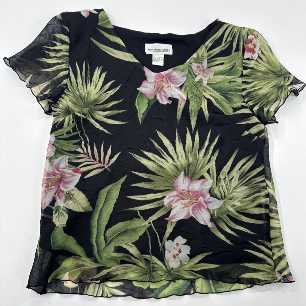 Allyson Whitmore Tropical Blouse Womens 14 Black Floral Top VNeck Flutter Lined